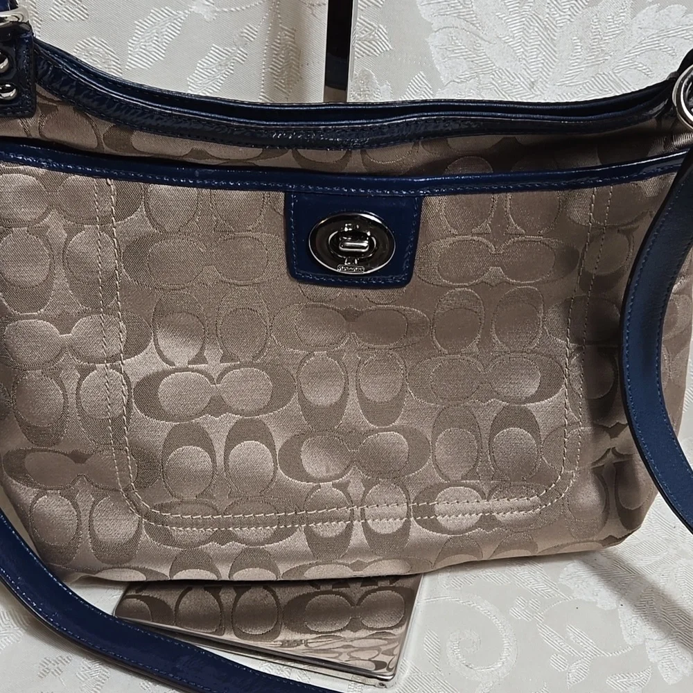 Coach Penelope Tan and Blue Satin With Patent Leather Crossbody Bag